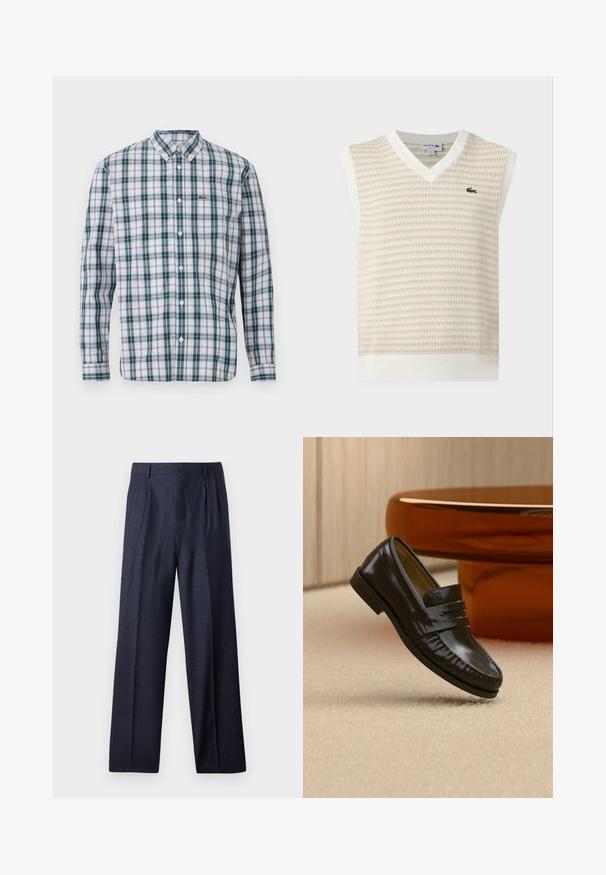 Gilet sans manches en maille beige et blanche avec col en V et petit logo crocodile vert sur la poitrine.; Chemise à manches longues avec boutons, en motif à carreaux verts, bleus et blancs ; dotée d'un col et d'un logo Lacoste sur la poitrine.; Pantalons en laine bleu marine avec une coupe ajustée, présentant un devant plissé et des jambes larges. Texture lisse et lignes épurées, adaptés aux occasions formelles.; Mocassin en cuir noir brillant avec un détail de bride, posé sur un tapis beige près d'une table basse ronde en bois brun dans une pièce doucement éclairée.