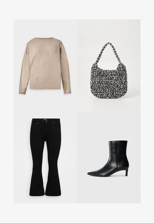 Pull en maille beige à manches longues avec un col rond et des poignets ainsi qu'un bas côtelés, présenté sur un fond clair uni.; Jeans évasés noirs en mélange de coton extensible, dotés d'un design classique à cinq poches et d'accents en métal doré à l'avant.; Bottine en cuir noir avec un bout pointu, une silhouette effilée et un petit talon rond. Texture lisse avec un minimum de détails.; Sac en osier noir et blanc de forme arrondie, avec une surface texturée et une poignée tressée. Convient à un usage décontracté.