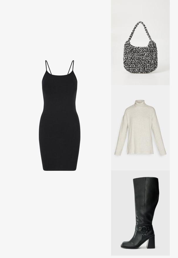 Turtleneck trui in lichtbeige, met lange mouwen, geribbelde textuur, zijsplitten en een relaxte pasvorm. Gemaakt van een zachte breisteek.; Zwart mouwloos jurk met dunne bandjes, aansluitend ontwerp, gemaakt van gladde stof, knielang met een eenvoudige, onversierde stijl.; Kniehoge zwarte leren laarzen met een vierkante neus, brede hak en een decoratieve band met metalen accenten rond de enkel. Gladde textuur.; Geweven handtas in zwart en wit met een ronde vorm, gestructureerd oppervlak en een gevlochten handvat. Geschikt voor dagelijks gebruik.