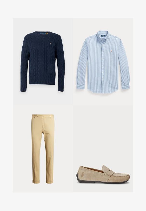 Jersey de punto trenzado azul marino con mangas largas y cuello redondo, con un pequeño logotipo blanco de Polo Ralph Lauren en el pecho.; Camisa azul claro de manga larga con rayas verticales blancas y un pequeño logotipo bordado de Polo Ralph Lauren en el pecho izquierdo.; Pantalones beige de hombre a medida con trabillas para cinturón y dobladillos vueltos, mostrados sobre un fondo claro liso.; Mocasines de ante beige con detalle cosido, suela de goma plana y un pequeño logotipo en el lateral. Diseño clásico de slip-on, textura suave.