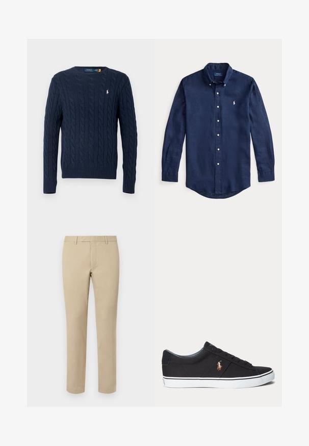 Tmavomodrý sveter s vrkočovým vzorom, dlhými rukávmi a okrúhlym výstrihom, s malým bielym logom Polo Ralph Lauren na hrudi.; Tmavomodrá košeľa s dlhým rukávom, bielymi gombíkmi, golierom zapínateľným na gombíky a malým bielym logom Polo Ralph Lauren na hrudi.; Béžové bavlnené nohavice so rovnými nohavicami, ktoré majú pútka na opasok, plochý predný diel a upravené lemy. Hladká textúra a minimálne detaily.; Čierna nízka teniska s bielou gumovou podrážkou a vyšívaným hnedým logom koňa na boku.