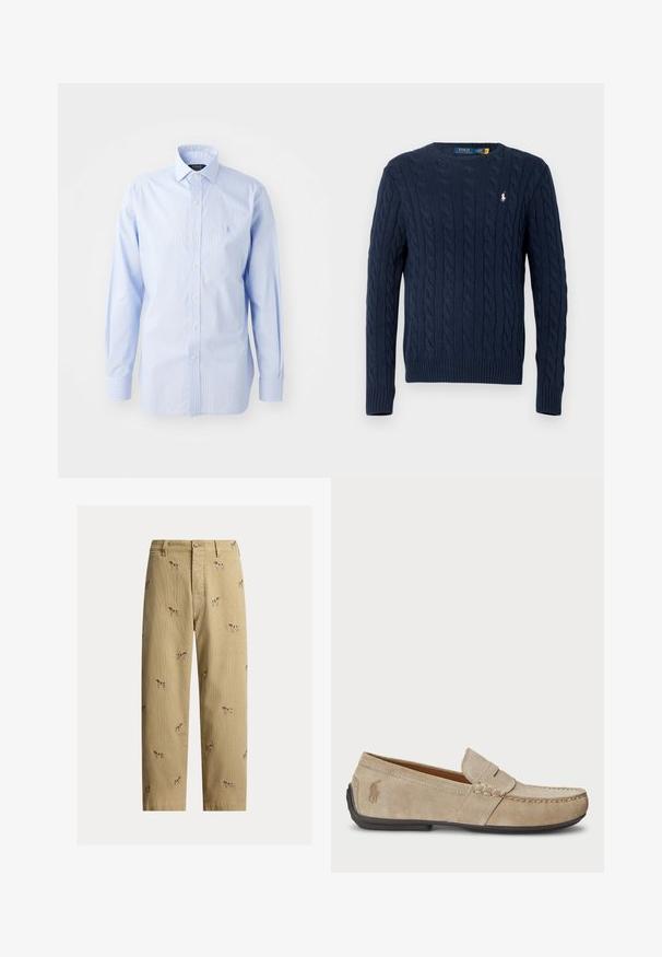 Marineblauer, kabelgestrickter Pullover mit langen Ärmeln und rundem Ausschnitt, mit kleinem weißem Polo Ralph Lauren-Logo auf der Brust.; Hellsblau gestreift, mit klassischen Kragen, langen Ärmeln und einem kleinen Logo auf der linken Brust.; Beige Cordhosen aus Cord mit bestickten Hundemotiven, geradem Beinschnitt und Fünf-Taschen-Design mit vorderem Knopfverschluss.; Beige Wildleder Slipper mit gesticktem Detail, flacher Gummisohle und kleinem Logo an der Seite. Klassisches Slip-On-Design, weicher Textur.