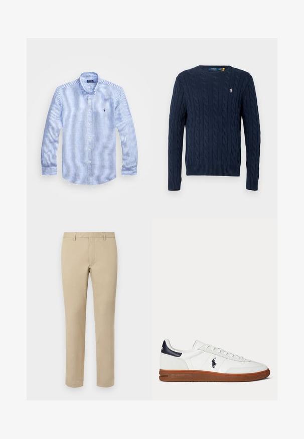 Laivastonsininen palmikkoneulepusero pitkillä hihoilla ja pyöreällä pääntiellä, jossa pieni valkoinen Polo Ralph Lauren -logo rinnassa.; Sininen ja valkoinen raidoitettu pitkähihaisen paita, joka on valmistettu puuvillasta. Paidassa on napillinen kaulus, etunapit ja pieni kirjailtu logo rinnassa.; Beige puuvillahousut suoraan leikkauksella, joissa on vyölenkit, tasainen etuosa ja räätälöidyt helmat. Silkka tekstuuria ja minimaalista yksityiskohtaa.; Valkoinen matala tennari, jossa ruskea pohja, musta kantapäälaatta, kirjailtu polopelaajan logo ja valkoiset nauhat.
