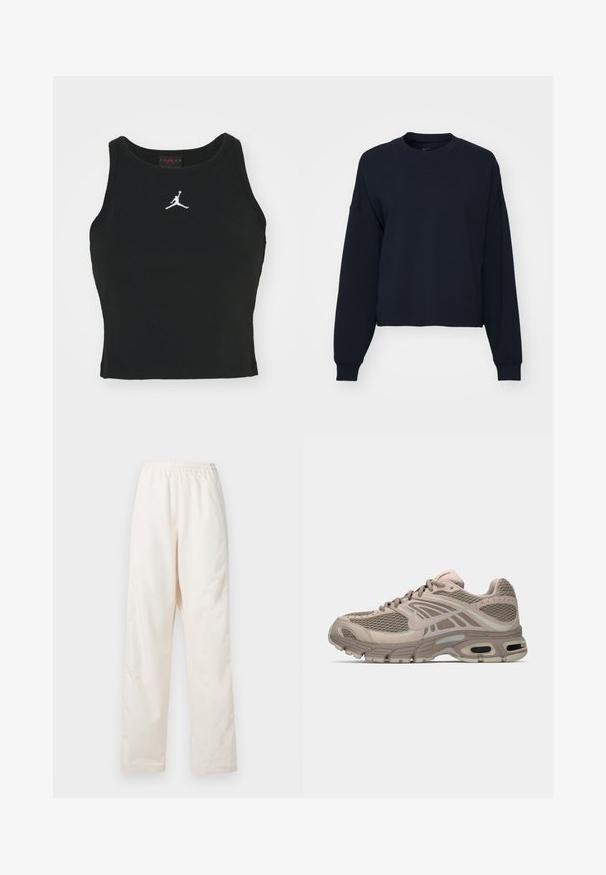 Marineblauwe sweatshirt met lange mouwen, ronde hals en een cropped fit. Gemaakt van zacht materiaal met geribde manchetten en zoom.; Zwarte, op maat gemaakte tanktop van katoen, met een ronde halslijn en een wit Jordan-logo dat op het midden van de voorkant is gestikt. Soepele textuur.; Loszittende, crèmekleurige broek met elastische taille en een rechte pijp, weergegeven tegen een effen witte achtergrond.; Beige sportschoen met bovenwerk van mesh, gevormde accenten, ronde neus en zichtbare luchtkussens in de zool. Veters in een neutrale tint.