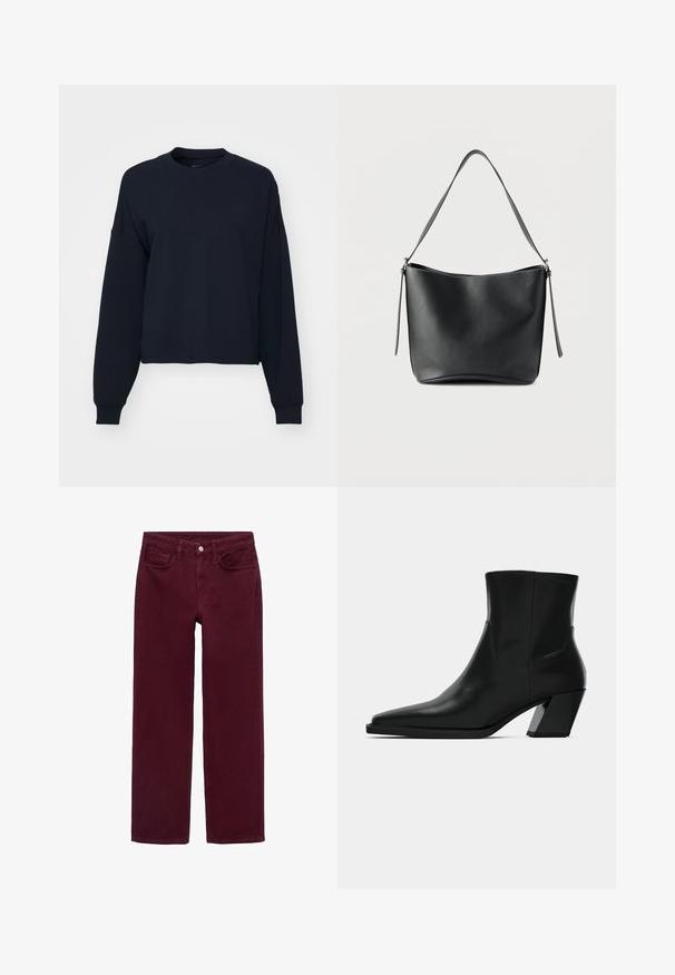 Mørkeblå sweatshirt med lange ærmer, rund hals og cropped pasform. Lavet af blødt stof med ribbede manchetter og kant.; Bordeauxfarvede jeans lavet af bomuld, med et lige ben design, fem-lomme stil og en knaplukning i taljen.; Sortlæder ankelstøvle med spids tå, en slank silhuet og en kraftig firkantet hæl. Glat tekstur med minimale stikninger.; Sort skuldertaske i læder med en enkelt bred strop og diskrete sølvfarvede detaljer på en ensartet hvid baggrund.