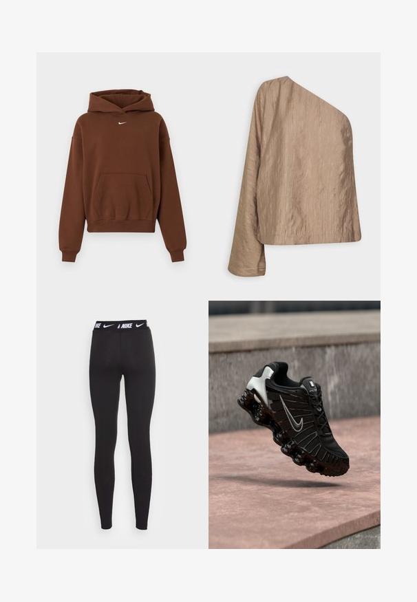 Ruskea Nike-huppari, jossa etutaskuna kenguruntasku, pitkät hihat, resorireunukset ja huppu, valkoisella taustalla esitettynä.; Stylein MASSA - Pusero - nougat; Mustat urheilutrikoot, joissa on korkea vyötärö ja valkoinen Nike-logo. Kangas on sileä ja joustava, suunniteltu aktiiviseen käyttöön.; Musta urheilukenkä, jossa on teksturoitu verkkopäällinen, hopeanväriset yksityiskohdat ja paksu, kiiltävä musta pohja, jossa on pyöreitä pehmusteelementtejä.