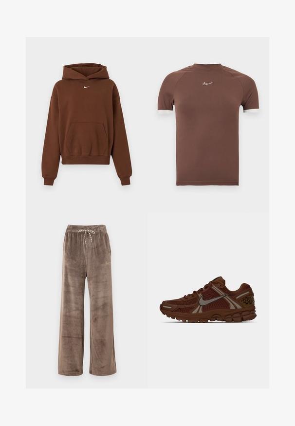 Hnedá Nike mikina s kapucňou s predným klokanie kapsou, dlhými rukávmi, rebrovanými manžetami a kapucňou, zobrazená na bielom pozadí.; Hnedá košeľa s krátkym rukávom z hladkej tkaniny, s vysokým golierom a bielymi prvkami na manžetách rukávov, s malým logom na hrudi.; Hnedé široké nohavice z velúrovej látky s elastickým pásom a pruhovaným šnúrkou, s malým zlatým logom Nike na pravom stehne.; Hnedá bežecká obuv Nike s sieťovanými panelmi, gumovou podrážkou a reflexným logom swoosh na boku, zobrazená z pravého profilu.