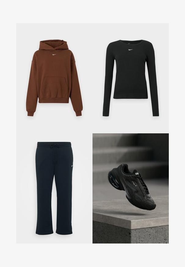 Sudadera con capucha Nike marrón con bolsillo canguro en el frente, mangas largas, puños acanalados y capucha, mostrada sobre un fondo blanco.; Camiseta negra ajustada de manga larga hecha de tela acanalada, con cuello redondo y un sutil logo blanco de Nike en el pecho.; Pantalones de chándal negros con cintura elástica y cordón ajustable. Presenta un pequeño logo blanco de Nike en el lado izquierdo. Textura de tela suave.; Zapato deportivo negro con parte superior de cuero texturizado, logo prominente y suela acolchada. Presenta patrones abstractos y detalles suaves y redondeados.