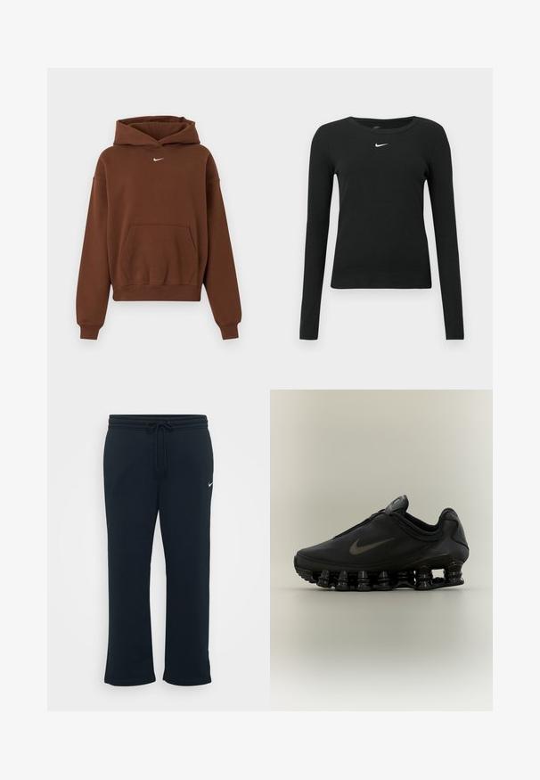 Hnedá Nike mikina s kapucňou s predným klokanie kapsou, dlhými rukávmi, rebrovanými manžetami a kapucňou, zobrazená na bielom pozadí.; Čierne priliehavé tričko s dlhým rukávom z rebrovanej látky, s okrúhlym výstrihom a jemným bielym logom Nike na hrudi.; Čierne tepláky s elastickým pásom a nastaviteľnou šnúrkou. Obsahujú malé biele logo Nike na ľavej strane. Mäkká textúra látky.; Čierna teniska Nike so zipsom na hornej časti a výraznou pružinovou podrážkou v oddelených segmentoch, zobrazená z profilu na neutrálnom pozadí.