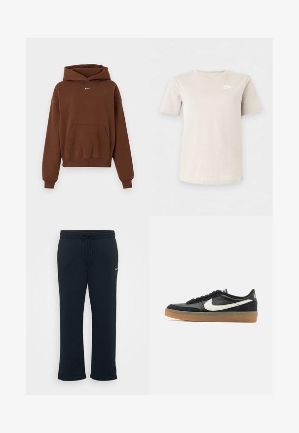 Sudadera con capucha Nike marrón con bolsillo canguro en el frente, mangas largas, puños acanalados y capucha, mostrada sobre un fondo blanco.; Camiseta beige de Nike con manga corta y cuello redondo, con pequeño logo blanco en el pecho izquierdo, mostrada sobre un fondo claro y liso.; Pantalones de chándal negros con cintura elástica y cordón ajustable. Presenta un pequeño logo blanco de Nike en el lado izquierdo. Textura de tela suave.; Zapatilla deportiva negra con parte superior de cuero texturizado, logo swoosh blanco y suela de goma. Diseño con cordones y acolchado en el collar.