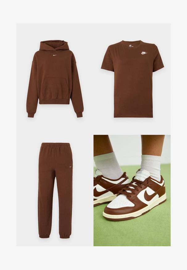 Hnedá Nike mikina s kapucňou s predným klokanie kapsou, dlhými rukávmi, rebrovanými manžetami a kapucňou, zobrazená na bielom pozadí.; Hnedé tričko krátky rukáv Nike s bielym logom Nike na ľavej strane hrude a okrúhlym výstrihom, zobrazené na jednoduchom pozadí.; Hnedé Nike tepláky s elastickým pásom a manžetami, s malým bielym logom Nike na hornej ľavej nohe.; Hnedé a biele kožené tenisky s perforovanou špičkou, textúrovanými akcentmi a plochými šnúrkami. Model má nízkoprofilový dizajn a gumovú podrážku.