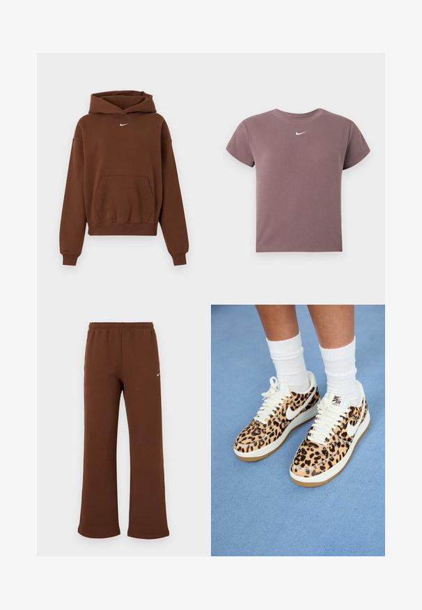 Sweat à capuche marron Nike avec poche kangourou à l'avant, manches longues, poignets côtelés et capuche, présenté sur fond blanc.; Top court à manches courtes en ribbed mauve avec un col rond et un petit logo Nike blanc centré sous le col.; Pantalon de survêtement marron à jambes droites avec taille élastique et petit logo Nike blanc sur la partie supérieure de la cuisse gauche, présenté sur fond blanc.; Baskets Nike Air Force 1 en imprimé léopard avec des lacets blancs et un swoosh blanc, présentant une semelle extérieure en caoutchouc beige et un dessus texturé. Chaussettes blanches visibles.