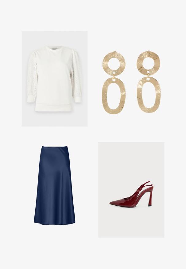 Weißes Langarmshirt mit Spitzenpuffärmeln, Rundhalsausschnitt und enganliegenden Bündchen, von Anna Field.; Navy-blaues Satin-A-Linien-Rock mit glatter Textur, fließendem Design und mittellanger Länge. Verfügt über einen schlichten Taillenbund ohne zusätzliche Akzente.; Roter Slingback-Pumps aus Lackleder mit spitzer Kappe und Stilettoabsatz, im Profil auf weißem Hintergrund gezeigt.; sweet deluxe Ohrringe - gold-coloured