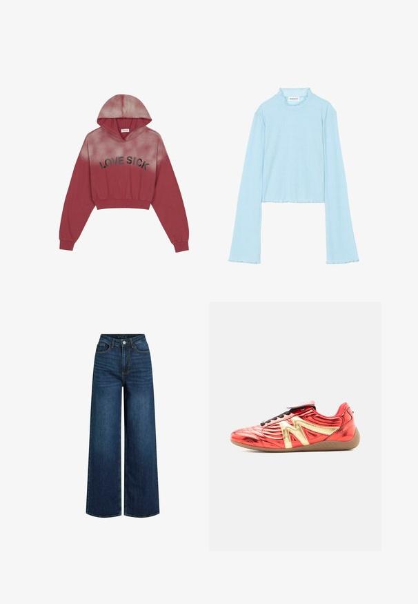 Even&Odd Sudadera - brown; Even&Odd Camiseta de manga larga - light blue; Jeans de pierna ancha hechos de denim azul oscuro con una cintura alta, que cuentan con cierre de cremallera, bolsillos frontales y detalles de costura visibles.; Zapatilla deportiva roja de corte bajo con diseño metálico dorado en forma de "N", cordones negros y suela marrón, mostrada de lado sobre fondo blanco.