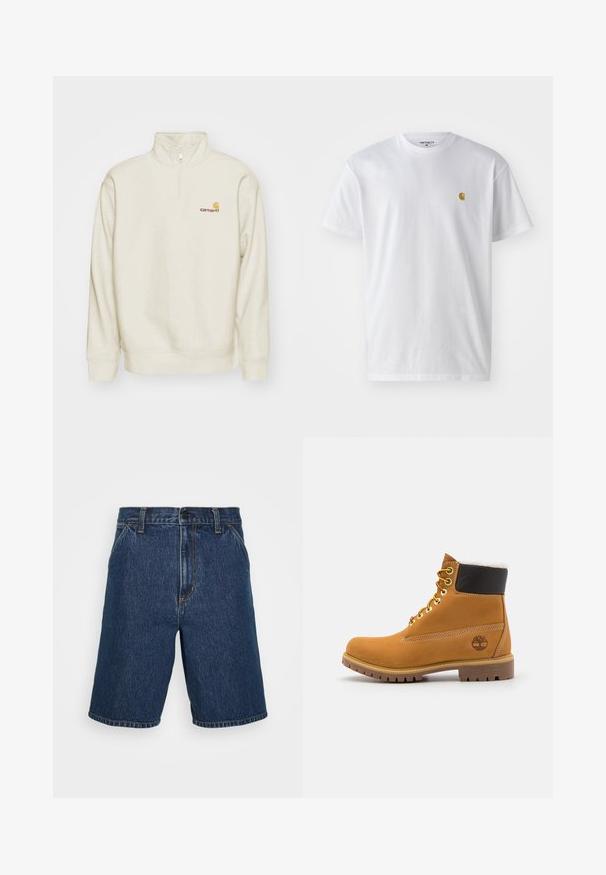 Cremefarvet pullover sweatshirt med høj krave, halvlukning og ribstrikkede manchetter. Har et lille orange og rødt logo på brystet.; Hvid bomulds t-shirt med korte ærmer, rund hals og et lille guld logo på venstre brystområde. Blød tekstur og almindelig pasform.; Mørkeblå denimshorts med lige pasform. Har gule syninger og et klassisk fem-lomme design. Regulær talje og kantede kanter.; Brune læder ankelstøvle med metaløjer, hvid pelsforing, sort polstret krave, robust sål og præget logo på siden.