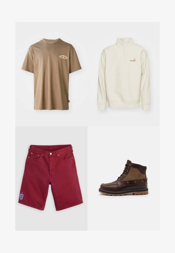 Crème-kleurige pullover sweatshirt met een hoge kraag, halve rits en geribde manchetten. Heeft een klein oranje en rood logo op de borst.; Bruine katoenen T-shirt met een ronde hals, korte mouwen en een wit logo met de tekst "Dickies Workwear" op de linkerkant van de borst.; Bordeauxrode denim short met voorzakken, riemlussen, knoopsluiting en een klein geborduurd Engels voetbalembleem op het onderbeen links.; Bruine leren boot met een tan stoffen paneel, ronde neus, metalen oogjes, zwarte rubberen zool en stiksels. Kenmerken een verhoogd logo aan de zijkant.