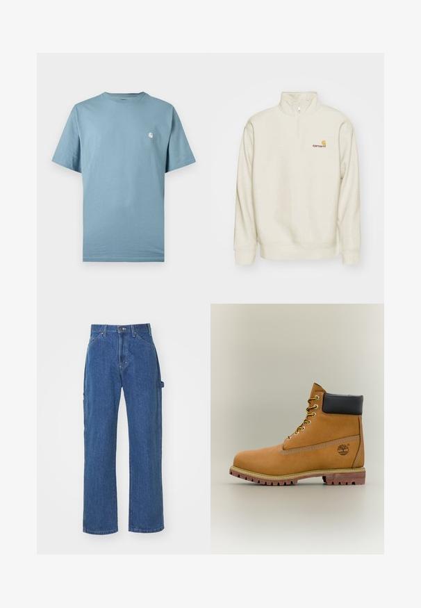 Sudadera de color crema con cuello alto, media cremallera y puños acanalados. Presenta un pequeño logo naranja y rojo en el pecho.; Camiseta azul claro de manga corta con cuello redondo y un pequeño logo blanco en el pecho izquierdo, mostrada sobre un fondo liso.; Jeans de mezclilla azul en un corte relajado con pierna recta, que cuentan con bolsillos delanteros y traseros y un cierre de botón en la cintura.; Bota de tobillo de cuero marrón con cuello negro, cordones amarillos y suela beige. Presenta un logotipo y detalles de costura blanca. Suela exterior con tracción robusta.