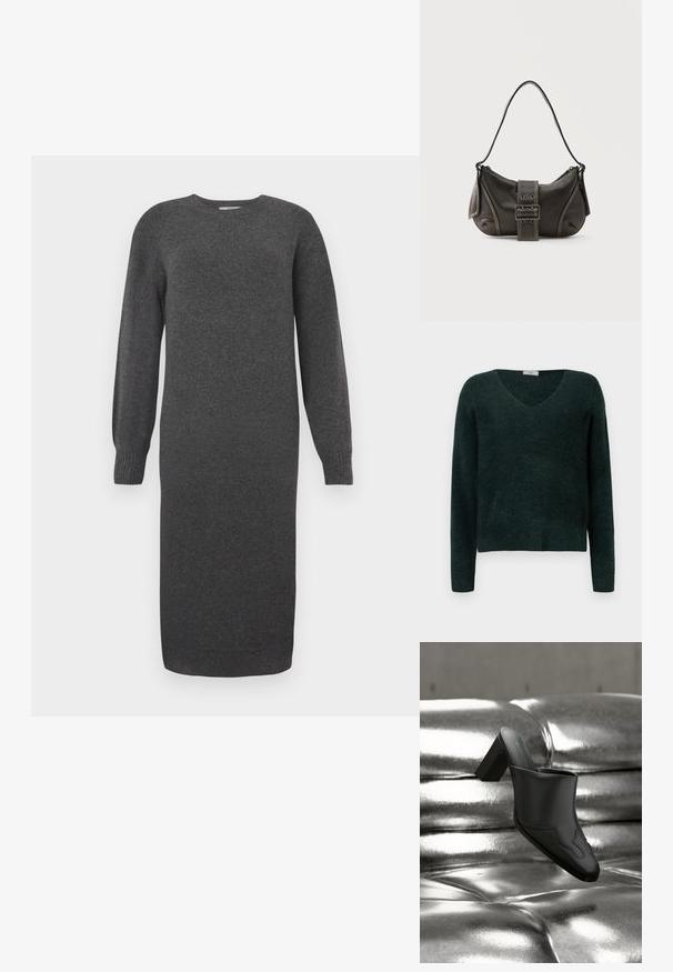 Donkergroen gebreid sweater met een V-hals, lange mouwen en ribbelzoom. Zachte textuur, comfortabele pasvorm en geen zichtbare patronen of hardware.; Donkergrijze gebreide jurk met lange mouwen, ronde halslijn en geribbelde manchetten. Lengte tot halverwege het been en een gladde stof. Eenvoudig ontwerp zonder patronen.; Zwarte leren mule met blokhak, rustend op een glanzend zilveren gestoffeerde oppervlakte, die het strakke ontwerp en de afgeronde details benadrukt.; Zwarte leren schoudertas met gespsluiting aan de riem, afgeronde hoeken en contrasterende witte stiksels op een effen achtergrond.