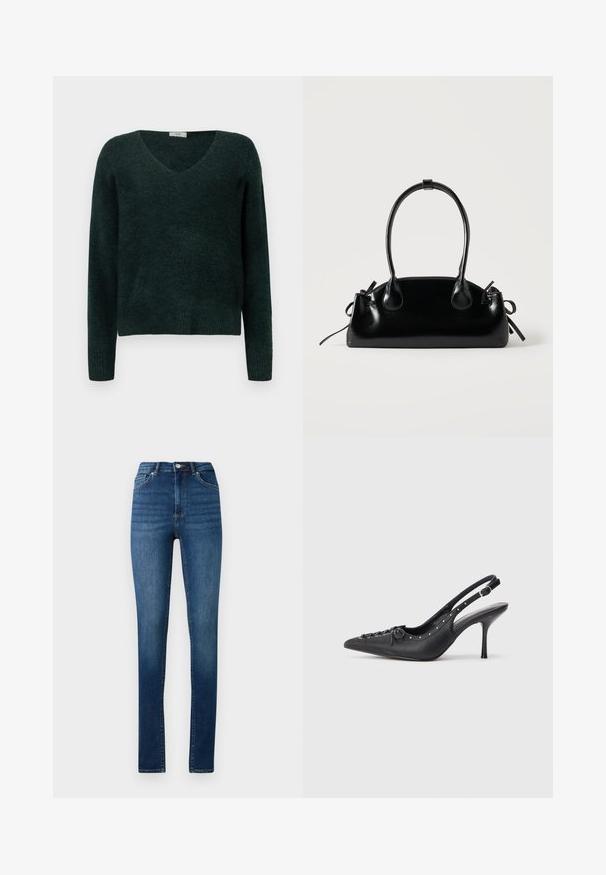 Donkergroen gebreid sweater met een V-hals, lange mouwen en ribbelzoom. Zachte textuur, comfortabele pasvorm en geen zichtbare patronen of hardware.; Hoge taille skinny jeans in medium blue denim met klassieke vijf-pocket stijl en knoopsluiting.; Zwarte leren slingback stiletto met spitse neus, zijgesp met gesp, studs langs de rand en decoratieve veters aan de voorkant.; Kleine zwarte glanzende handtas met twee lange hengsels en zijkant trekkoord details op een effen lichte achtergrond.