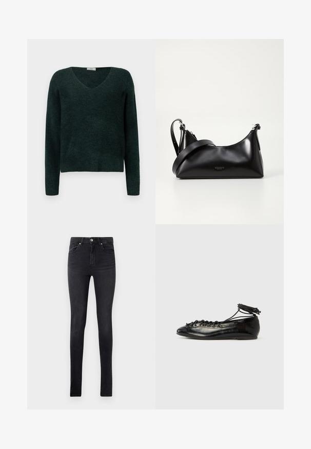 Dunkelgrüner Strickpullover mit V-Ausschnitt, langen Ärmeln und geripptem Saum. Weiche Textur, lockere Passform und keine sichtbaren Muster oder Beschläge.; Schwarze Slim-Fit-Jeans aus Denim mit fünf Taschen und einem Knopfverschluss an der Taille, auf einem schlichten weißen Hintergrund präsentiert.; Schwarze Ballerinas aus Lackleder mit runder Spitze, Schnürdesign und flacher Sohle. Glatte Textur mit minimaler Verzierung.; Schwarze lederne Handtasche mit glatter Textur. Verfügt über einen verstellbaren Riemen und ein elegantes, minimalistisches Design mit einem Reißverschluss.
