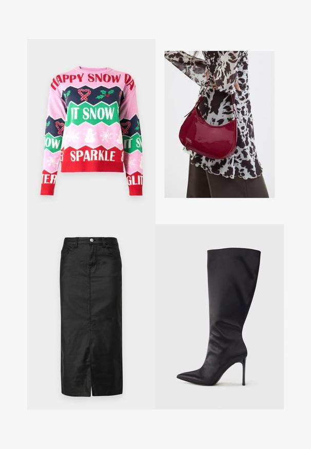 VILA VISNOW CHRISTMAS - Strickpullover - pastel lavender; Schwarzer Denim-Midirock mit Schlitz vorne, Fünf-Taschen-Design und Metallknopfverschluss. Glatte Textur und klassischer gerader Schnitt.; Schwarzer kniehoher Stiletto-Stiefel aus glattem, elegantem Material; spitze Zehe; enganliegend mit subtilen Falten nahe dem Knöchel; glänzender Absatz.; Frau trägt eine schwarz-weiß gemusterte Bluse und hält eine glänzende rote Schultertasche vor einem einfarbigen Hintergrund.