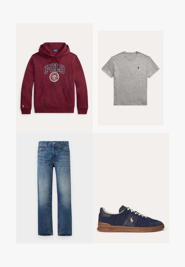 Kastanjebruine Polo Ralph Lauren hoodie met voorzak, trekkoorden, grote "POLO" tekst en wapenschildlogo op de borst, klein logo op de mouw.; Lichtgrijs T-shirt met korte mouwen en ronde hals met klein zwart Polo Ralph Lauren paardenlogo op de linkerborst.; Blauwe verweerde straight-leg spijkerbroek met knoop- en ritssluiting aan de voorkant, riemlussen en voorzakken op een effen achtergrond.; Marineblauwe lage sneaker met witte veters, bruine zool en Polo-spelerlogo aan de zijkant, gezien van links.