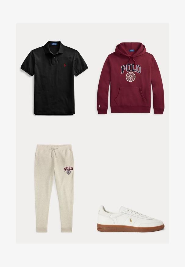 Bordó mikina Polo Ralph Lauren s kapucňou, predným vreckom, sťahovacími šnúrkami, veľkým textom "POLO" a erbovým logom na hrudi, malým logom na rukáve.; Čierne polo tričko s krátkym rukávom, golierom, dvojgombíkovou légou a malým červeným vyšívaným logom na ľavej strane hrudníka.; Béžové tepláky so sťahovacou šnúrkou, bočnými vreckami a červeným logom a emblémom "POLO" na hore ľavej stehnovej časti.; Biele nízke tenisky s hnedou podrážkou, šnurovaním vpredu a malým zlatým logom Polo Ralph Lauren na boku.