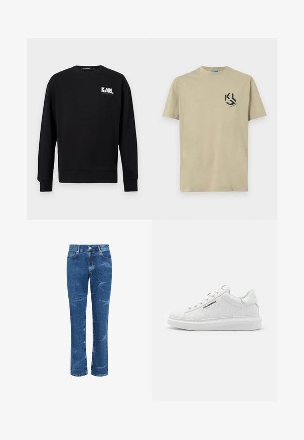 Sweat-shirt noir à manches longues avec col rond, arborant le logo "KARL LAGERFELD" en blanc et gris sur le côté gauche de la poitrine.; T-shirt en coton beige clair à manches courtes et col rond, arborant un logo graphique noir sur le côté gauche de la poitrine.; Jean en denim bleu avec coupe droite, effet délavé et plis, fermeture avant par bouton et fermeture éclair, poches avant et arrière.; Baskets blanches en cuir lisse avec motif gaufré. Présentent un bout rond, un laçage à l'avant et une semelle texturée. Détail du logo argenté sur le côté.