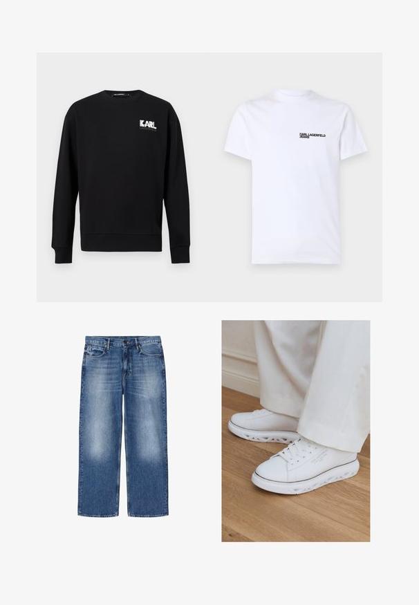 Sudadera negra de manga larga con cuello redondo, con el logo "KARL LAGERFELD" en blanco y gris en la parte superior izquierda del pecho.; Camiseta de algodón blanca con mangas cortas, escote redondo y un logo negro de "KARL LAGERFELD JEANS" en la zona superior izquierda del pecho.; Vaqueros azules desvaídos de corte recto con cinco bolsillos y cierre de botones, mostrados planos sobre fondo blanco.; Zapatillas blancas bajas con suelas recortadas únicas, usadas con pantalones de color claro sobre un suelo de madera.