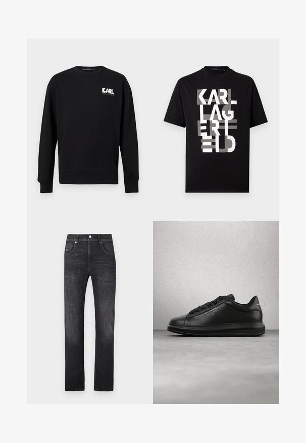 Sudadera negra de manga larga con cuello redondo, con el logo "KARL LAGERFELD" en blanco y gris en la parte superior izquierda del pecho.; Camiseta negra de manga corta con un gran texto estilizado en blanco que dice "KARL LAGERFELD" apilado verticalmente en el frente.; Jeans de mezclilla gris oscuro con corte recto, que cuentan con cinco bolsillos, cierre de botón y detalles sutiles de descolorido a lo largo de las piernas.; Persona que lleva zapatillas negras Karl Lagerfeld con pantalones negros, de pie sobre un suelo de parquet de madera contra una pared blanca con paneles.