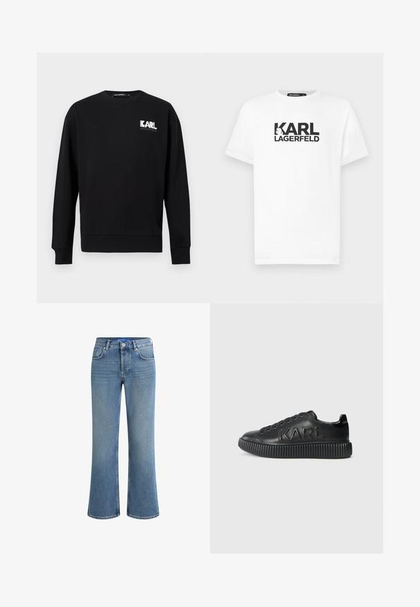 Sudadera negra de manga larga con cuello redondo, con el logo "KARL LAGERFELD" en blanco y gris en la parte superior izquierda del pecho.; Camiseta de algodón blanca de manga corta con un diseño gráfico negro que presenta el texto "KARL LAGERFELD" y un logo en silueta.; Vaqueros de mezclilla de un azul claro, con un corte acampanado y una altura de cintura media, diseño de cinco bolsillos, y una superficie sutilmente texturizada, con un cierre estándar de botón.; Zapatilla negra hecha de cuero suave, con una suela gruesa con estrías y el nombre de la marca en relieve. Diseño clásico de cordones con ojales redondos.
