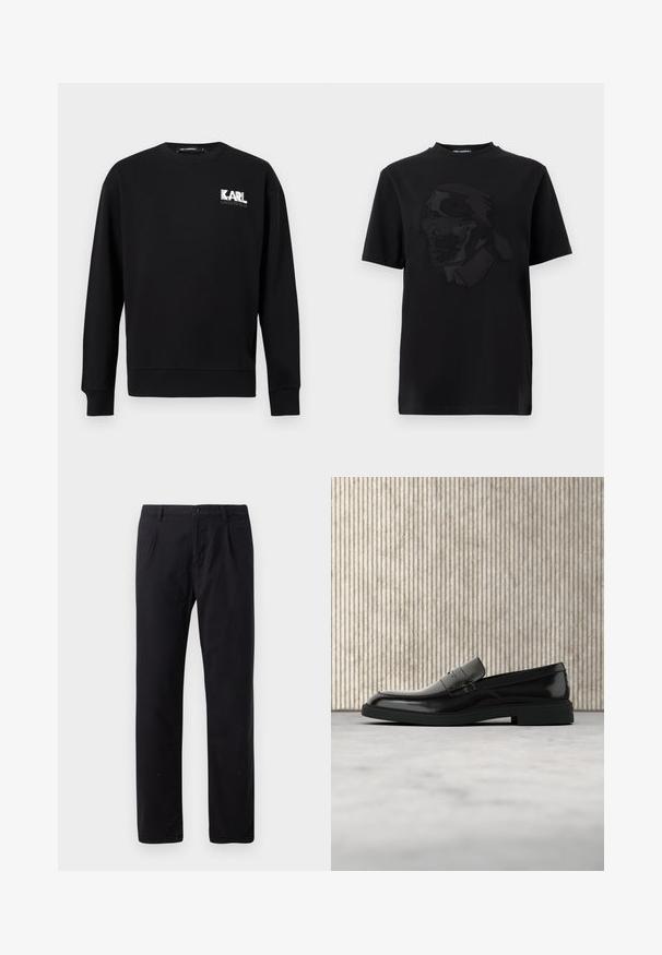 Schwarzes Sweatshirt mit langen Ärmeln und Rundhalsausschnitt, mit "KARL LAGERFELD" Logo in Weiß und Grau auf der oberen linken Brust.; Schwarzes T-Shirt mit kurzen Ärmeln und erhabener Grafik eines Mannes mit Sonnenbrille und hohem Kragen, zentriert auf der Vorderseite.; Schwarze Hosen aus Baumwollmischung mit klassischem geradem Schnitt, Knopfverschluss und ohne sichtbare Muster oder Verzierungen.; Schwarzer, polierter Lederloafer, der über einem beigen Teppich schwebt, mit orangener, durchscheinender Möbel im Hintergrund.