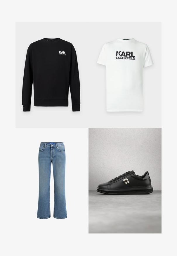 Čierna mikina s dlhými rukávmi a okrúhlym výstrihom, s logom "KARL LAGERFELD" v bielej a šedej farbe na ľavej hornej časti hrudníka.; Biele bavlnené tričko s veľkým čiernym grafickým potlačou s nápisom "KARL LAGERFELD." Okrúhly výstrih a krátke rukávy. Hladká textúra.; Svetlo modré rifle s rozšírenými nohavicami, stredným pásom, piatimi vreckami a jemne textúrovaným povrchom, so štandardným zapínaním na gombík.; Osoba nosiaca čierne kožené nohavice a čierne tenisky s malým doplnkom s postavičkou z rozprávky na boku, stojaca na drevenej podlahe.