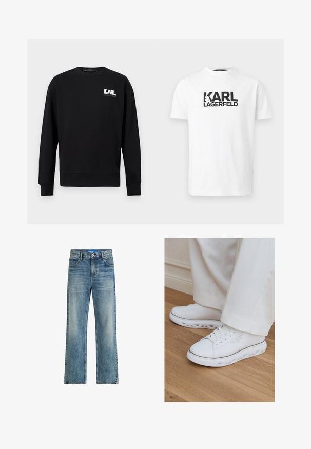 Musta pitkähihaisen collegepuseron jossa pyöreä pääntie, vasemmassa ylärinnassa valkoinen ja harmaa "KARL LAGERFELD"-logo.; Valkoinen lyhythihainen T-paita, jossa on pyöreä pääntie ja musta "KARL LAGERFELD" -teksti sekä siluettilogo rinnan keskellä.; Vaaleansiniset farkku-hihat tarjoavat korkean vyötärön, klassisen viiden taskun muotoilun ja hienovaraisen haalistumisen rakenteen luomiseksi.; Valkoiset matalakärkiset tennarit, joissa ainutlaatuiset leikatut pohjat, yhdistetty vaaleisiin housuihin puulattialla.