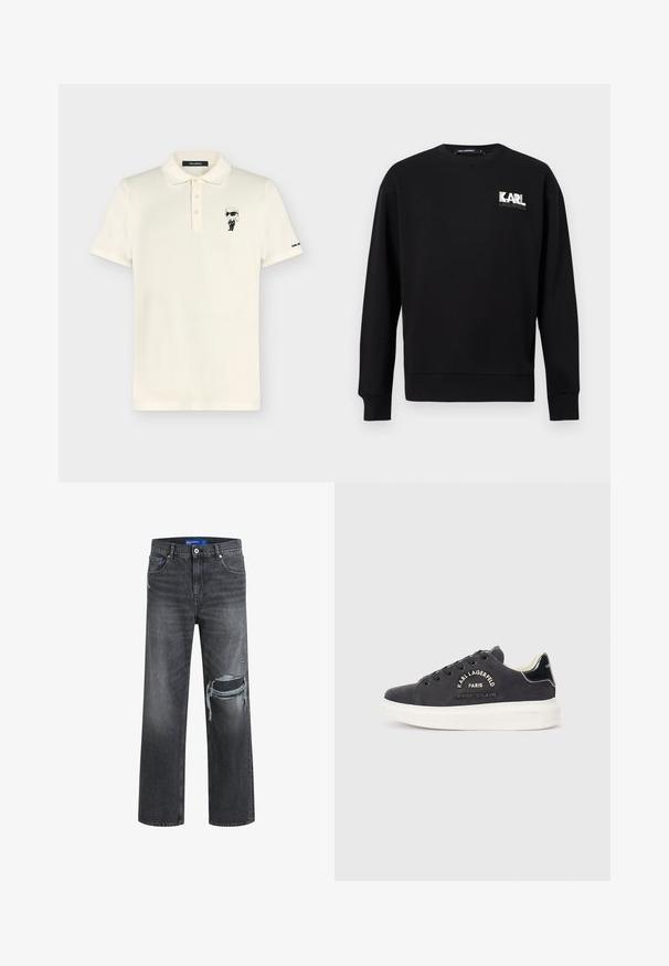 Sweat-shirt noir à manches longues avec col rond, arborant le logo "KARL LAGERFELD" en blanc et gris sur le côté gauche de la poitrine.; Polo à manches courtes crème avec trois boutons, petite figurine de dessin animé en costume noir et lunettes de soleil brodée sur la poitrine.; Jean en denim noir avec une coupe décontractée, présentant des détails usés et une jambe large. La texture est lisse avec un léger dégradé.; Baskets en daim gris foncé avec des semelles en caoutchouc blanc, présentant des coutures décoratives et un logo sur le côté. Accents noirs lisses sur le talon.