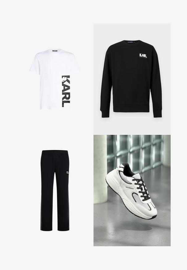 Schwarzes Sweatshirt mit langen Ärmeln und Rundhalsausschnitt, mit "KARL LAGERFELD" Logo in Weiß und Grau auf der oberen linken Brust.; Weißes Baumwoll-T-Shirt mit großem schwarzem "KARL"-Logo auf der linken Seite, kurzen Ärmeln und klassischem Rundhalsausschnitt.; KARL LAGERFELD IKON STRAIGHT - Jogginghose - black; Weißer Sneaker aus Mesh- und Leder-Material, mit schwarzen Akzenten und strukturierter Sohle. Merkmale sind Schnürsenkel und Branding an der Seite.