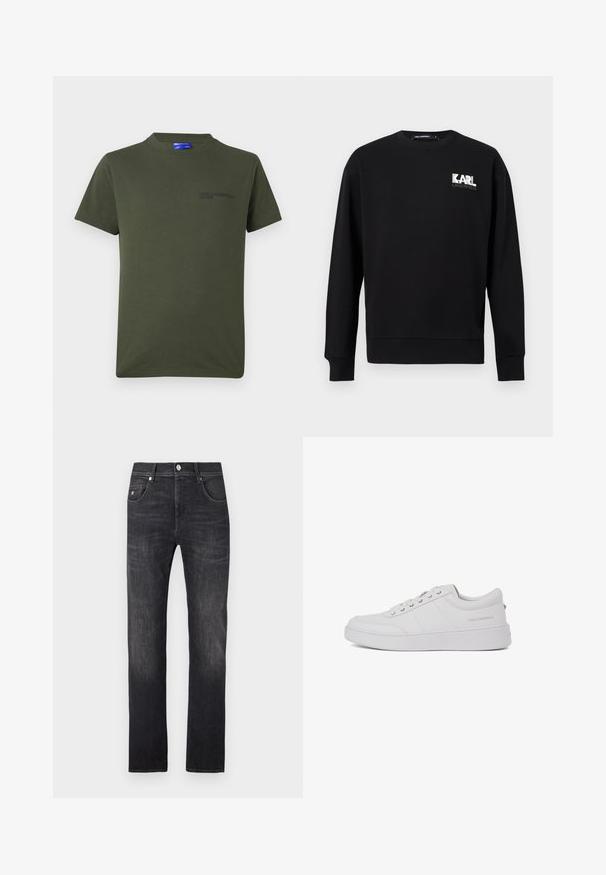 Schwarzes Sweatshirt mit langen Ärmeln und Rundhalsausschnitt, mit "KARL LAGERFELD" Logo in Weiß und Grau auf der oberen linken Brust.; Olivenfarbene Baumwoll-T-Shirt mit kurzen Ärmeln, Rundhalsausschnitt und einem kleinen, dunkelbedruckten Logo auf der linken Brustseite. Einfaches Design.; Dunkelgraue Jeans aus Denim mit geradem Schnitt, fünf Taschen, einem Knopfverschluss und dezenten Verwaschungseffekten entlang der Beine.; Weiße Leder-Sneaker mit klassischem Low-Top-Design, flacher Sohle und dezentem Markenlogo an der Ferse. Verfügt über fünf Metallösen für die Schnürsenkel.