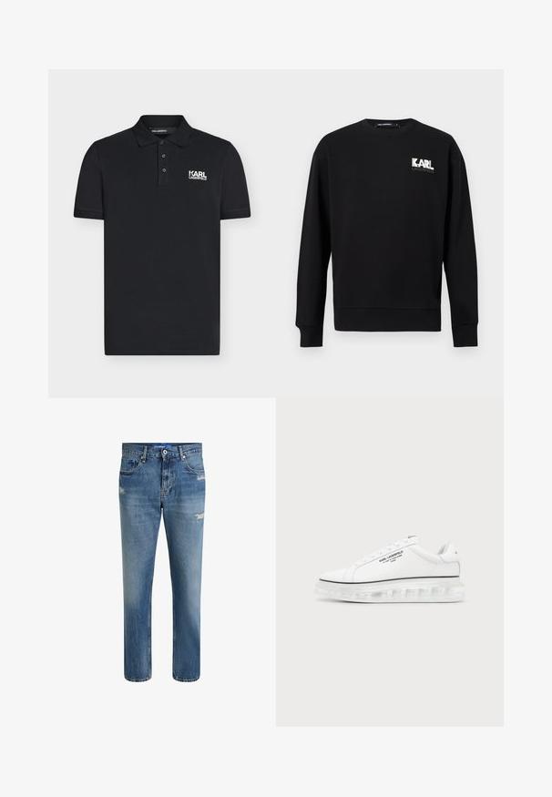 Sweat-shirt noir à manches longues avec col rond, arborant le logo "KARL LAGERFELD" en blanc et gris sur le côté gauche de la poitrine.; Polo noir à manches courtes avec trois boutons et logo blanc "KARL LAGERFELD" sur la poitrine gauche.; Jean en denim bleu clair avec une coupe droite, présentant des décolorations subtiles et des accents usés. Comprend une fermeture à bouton et cinq poches.; Baskets blanches Karl Lagerfeld avec logo texte noir et semelle épaisse transparente sur un fond clair uni.