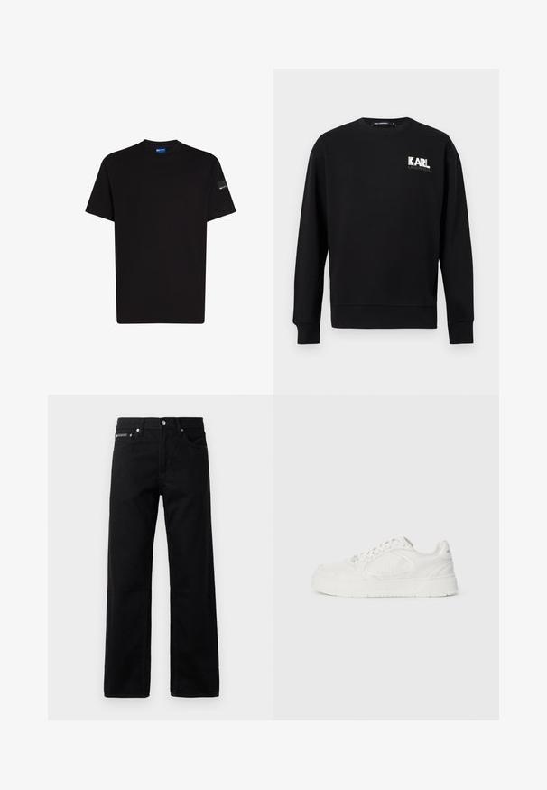 Sudadera negra de manga larga con cuello redondo, con el logo "KARL LAGERFELD" en blanco y gris en la parte superior izquierda del pecho.; Camiseta de algodón negra con mangas cortas, escote redondo y un pequeño detalle de etiqueta en la manga izquierda. Textura suave, corte estándar.; Jeans de mezclilla negra con un diseño de pierna recta, cinco bolsillos y una etiqueta de logo en la parte delantera, con herrajes metálicos y una textura suave.; Zapatilla blanca hecha de cuero suave con acentos texturizados, con una punta redondeada, parte delantera con cordones y una suela gruesa con ranuras.