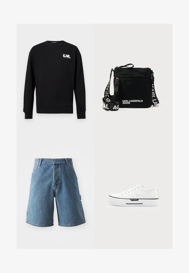 Zwarte lange mouwen trui met ronde hals, met het "KARL LAGERFELD" logo in wit en grijs op de bovenste linkerborst.; Lichtblauwe denim shorts. Heeft een klassiek vijf-pocket ontwerp, knoopsluiting en rechte snit. Stof ziet er zacht uit met een lichte vervaging.; Witte lage sneaker met dikke zool, veters aan de voorkant, zwarte streep detail en Karl Lagerfeld-logo aan de zijkant en hieltab.; Zwart nylon crossbodytas met ritssluiting, voorzien van een logo-band en witte tekst "KARL LAGERFELD JEANS" op de voorkant. Gestructureerd oppervlak.
