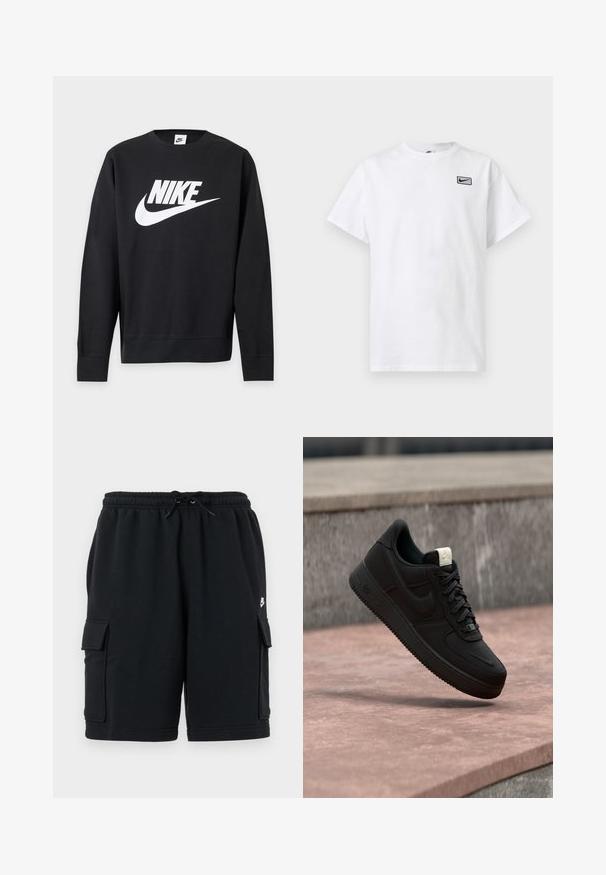 Čierna dlhá mikina Nike s bielym logom Nike a písmenom swoosh na hrudi, s okrúhlym výstrihom a rebrovanými manžetami a lemom.; Biele tričko s krátkym rukávom a okrúhlym výstrihom, s malým čiernym logom Nike swoosh v obdĺžniku na ľavej strane hrude.; Čierne bavlnené cargo šortky s elastickým pásom a šnúrkou, vybavené dvoma bočnými vreckami a malým logom ako akcent.; Čierna teniska Nike Air Force 1 plávajúca nad ružovým betónovým okrajom so sivým kamenným pozadím, zobrazujúca bočné a horné detaily.