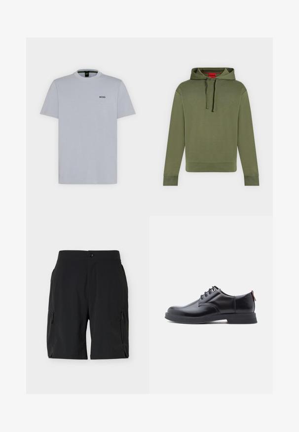 Sweat à capuche vert olive avec cordons, manches longues, poignets et ourlet côtelés, et une étiquette rouge visible à l'intérieur du col avec la marque "HUGO".; T-shirt gris clair à manches courtes avec col rond et petit logo noir « BOSS » sur la poitrine gauche.; Shorts noirs mi-cuisses avec poches zippées latérales et fermeture par bouton à la taille, présentés sur un fond blanc uni.; Chaussures en cuir noir à lacets avec une texture lisse, un bout arrondi et des détails de couture discrets. Présentent une languette rouge à l'arrière.