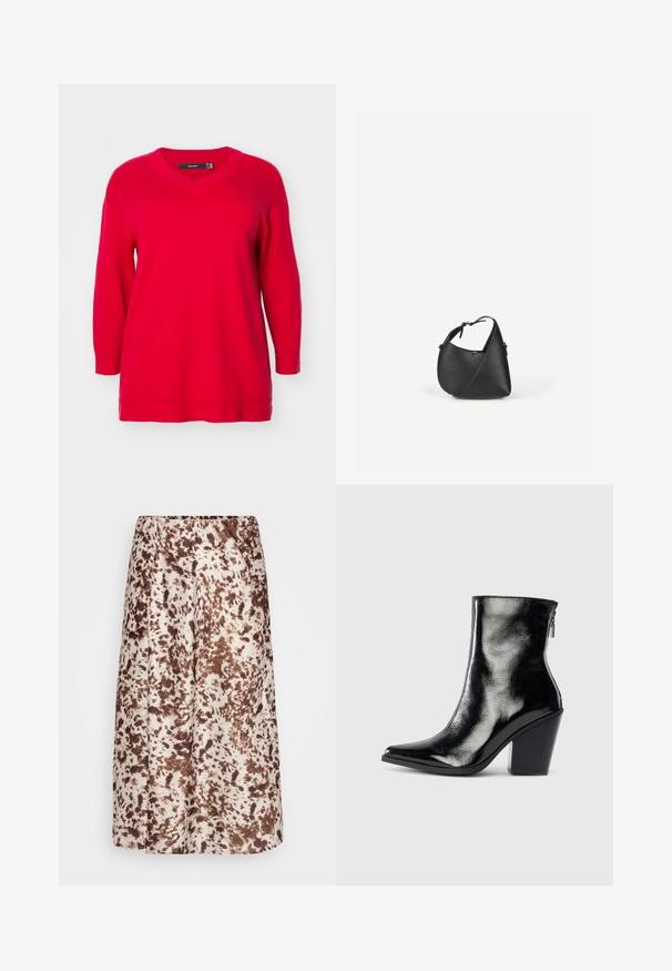 Rød langærmet sweater med V-hals, der har en afslappet pasform og ribbede manchetter, fremstillet af blødt strikstof.; Midikjole lavet af glat stof, med en cremet bund og brune, sprøjtelignende mønstre. Elastisk linning for komfort.; Sorte læder ankelstøvler med en blank finish, spidse tæer og blokhæle. Har en sidezipper for nem på- og aftagning.; Sort skuldertaske i læder med en afrundet trekantet form og justerbar rem på en ensartet lys baggrund.