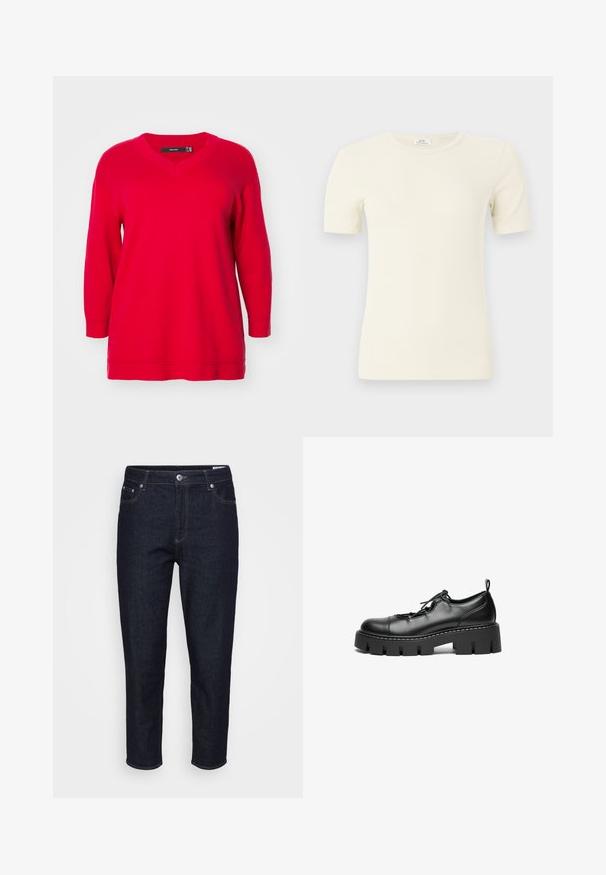 Rød langærmet sweater med V-hals, der har en afslappet pasform og ribbede manchetter, fremstillet af blødt strikstof.; Cremefarvet ribstrikket T-shirt med korte ærmer og rund hals, tætsiddende pasform, vist på en ensartet lys baggrund.; Mørkeblå denim jeans med lige ben, frontlommer, bæltesløjfer og knaplukning foran, præsenteret mod en neutral baggrund.; Sorte læder snørebåndssko med rund tå, kraftig platåsål og dekorativ syning langs kanten.