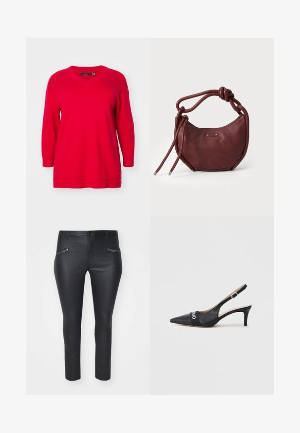 Rød langærmet sweater med V-hals, der har en afslappet pasform og ribbede manchetter, fremstillet af blødt strikstof.; Sorte læderlignende bukser med en slank pasform, lynlåslukning på frontlommerne og tynde vandrette syninger nær anklerne. Glat tekstur hele vejen igennem.; Sort læderslingback sko med spids tå, mellemhøj hæl og en mærket stofrem hen over fronten. Glat tekstur og minimalistisk design.; Bordeaux læder håndtaske med en rund form, knyttet håndtag og to lange stropper. Tekstureret overflade med lynlåslukning og logo detalje.