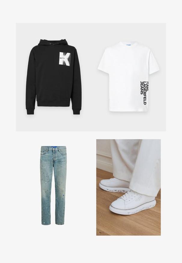 Sort hoodie lavet af bomuldsblanding, med en frontlomme, ribbede manchetter og et hvidt grafisk design på venstre brystområde.; Hvid T-shirt med korte ærmer og teksten "KARL LAGERFELD JEANS" trykt vertikalt i sort på den nederste højre side.; Lysblå denimjeans med lige ben-design, der har splatterskader i blå, sort og hvid for en slidt effekt.; Hvide lave sneakers med unikke udskårne såler båret med lystfarvede bukser på et trægulv.