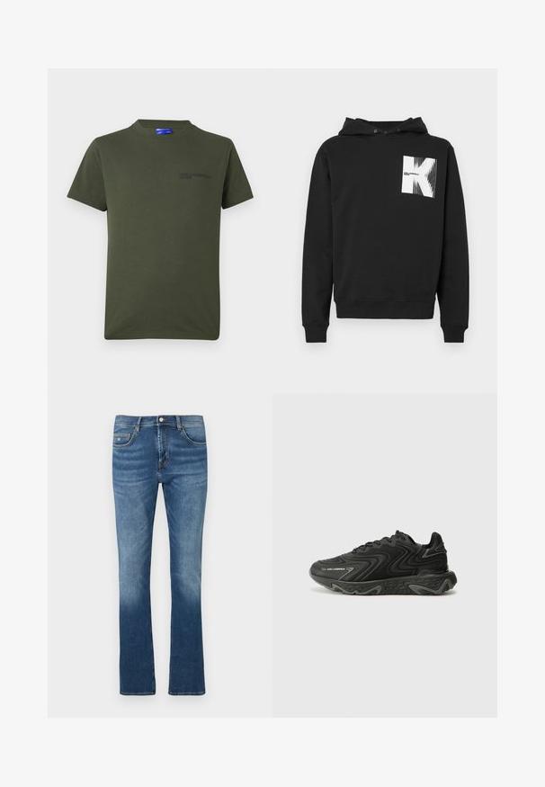 Sudadera negra de mezcla de algodón, con un bolsillo frontal, puños acanalados y un gráfico blanco en la parte izquierda del pecho.; Camiseta de algodón verde oliva con mangas cortas, cuello redondo y un pequeño logo impreso oscuro en la parte izquierda del pecho. Diseño sencillo.; Vaqueros azules de denim con un diseño de pierna recta, bolsillos delanteros y cierre de botón. Presenta un efecto degradado de claro a oscuro.; Zapatillas negras con una textura ondulada y detalles en gris. Presentan un diseño de cordones y una suela gruesa y esculpida. La marca es visible en el lateral.