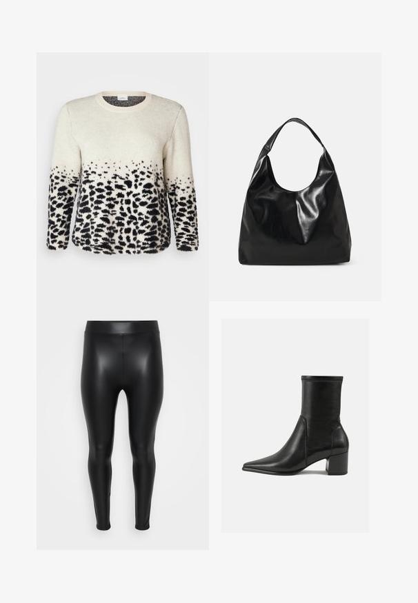 Crème en zwarte dierenprint trui, zachte textuur, ronde hals, lange mouwen, geleidelijke luipaardvlekken aan de onderkant, casual pasvorm.; Zwarte leggings van een glad, glanzend materiaal. Hoge tailleband, strakke pasvorm en geen zichtbare naden of patronen.; Zwarte enkelboot van soepel leer, met een spitse neus, een blokhak en duidelijke verhoogde stiksels aan de bovenrand.; Zwarte leren hobo tas met een zachte, glanzende textuur en een ronde, open bovenkant. Voorzien van een brede, gebogen schouderband om te dragen. Geen zichtbare hardware.