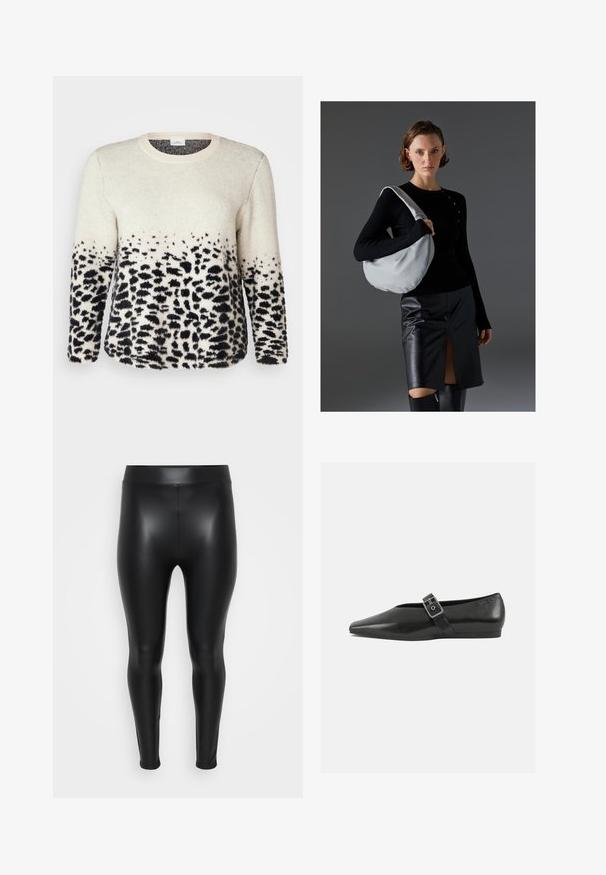 Cremefarbener und schwarzer Tiermuster-Pullover, weiche Textur, Rundhalsausschnitt, lange Ärmel, Farbverlauf mit Leopardenflecken am Saum, lässige Passform.; Schwarze Leggings aus einem glatten, glänzenden Material. Hoher Bund, enganliegendes Design und keine sichtbaren Nähte oder Muster.; Schwarze Lederflachschuhe mit spitzem Zehenbereich, ausgestattet mit einem metallischen Riemen über dem Spann und einer niedrigen, flexiblen Sohle.; Hobo-Tasche in Hellgrau, aus weichem Material, runder Form. Gestylt mit einem schwarzen Langarmtop und einem schwarzen Lederrock mit einem Schlitz auf der Vorderseite.