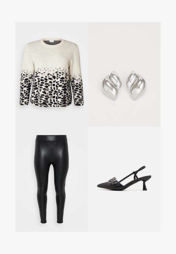 Cremefarbener und schwarzer Tiermuster-Pullover, weiche Textur, Rundhalsausschnitt, lange Ärmel, Farbverlauf mit Leopardenflecken am Saum, lässige Passform.; Schwarze Leggings aus einem glatten, glänzenden Material. Hoher Bund, enganliegendes Design und keine sichtbaren Nähte oder Muster.; Simmi London DALA - Pumps - black; Silberne Ohrringe mit einer organischen, abstrakten Form. Glatte, glänzende Oberfläche mit einem konischen Design. Mit dezenten Kurven und einem zentralen Linienelement.
